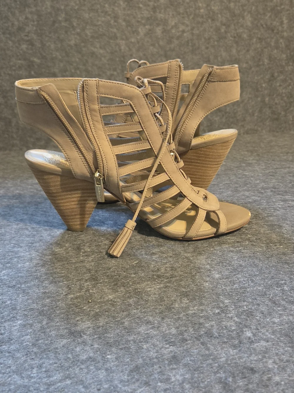 Vince Camuto Leather Light Brown Lace-Up Gladiator Heeled Sandals